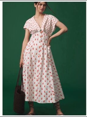 NWT Anthropologie Short-Sleeve V-Neck Pleated Pineapple Midi Dress Vacay,  L